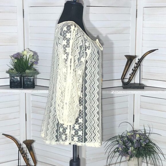 Vintage Cream Lace Floral Blouse Boho Cottage Large - Picture 3 of 9